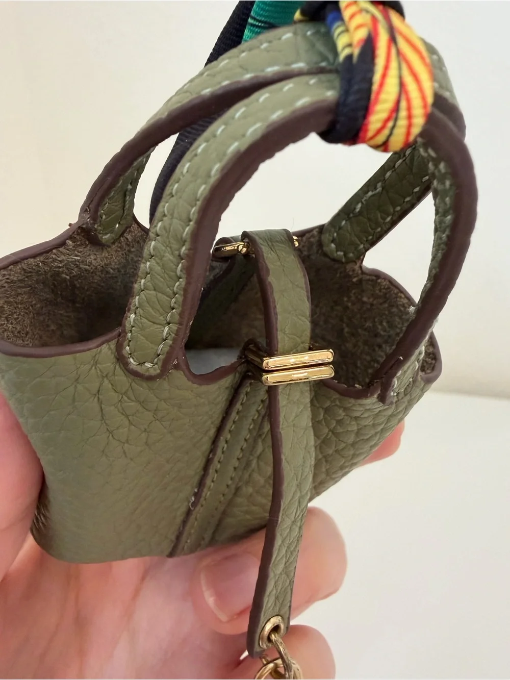 Top Grain Leather Mini Tote Bag Charm Olive Green Mini Purse Charm